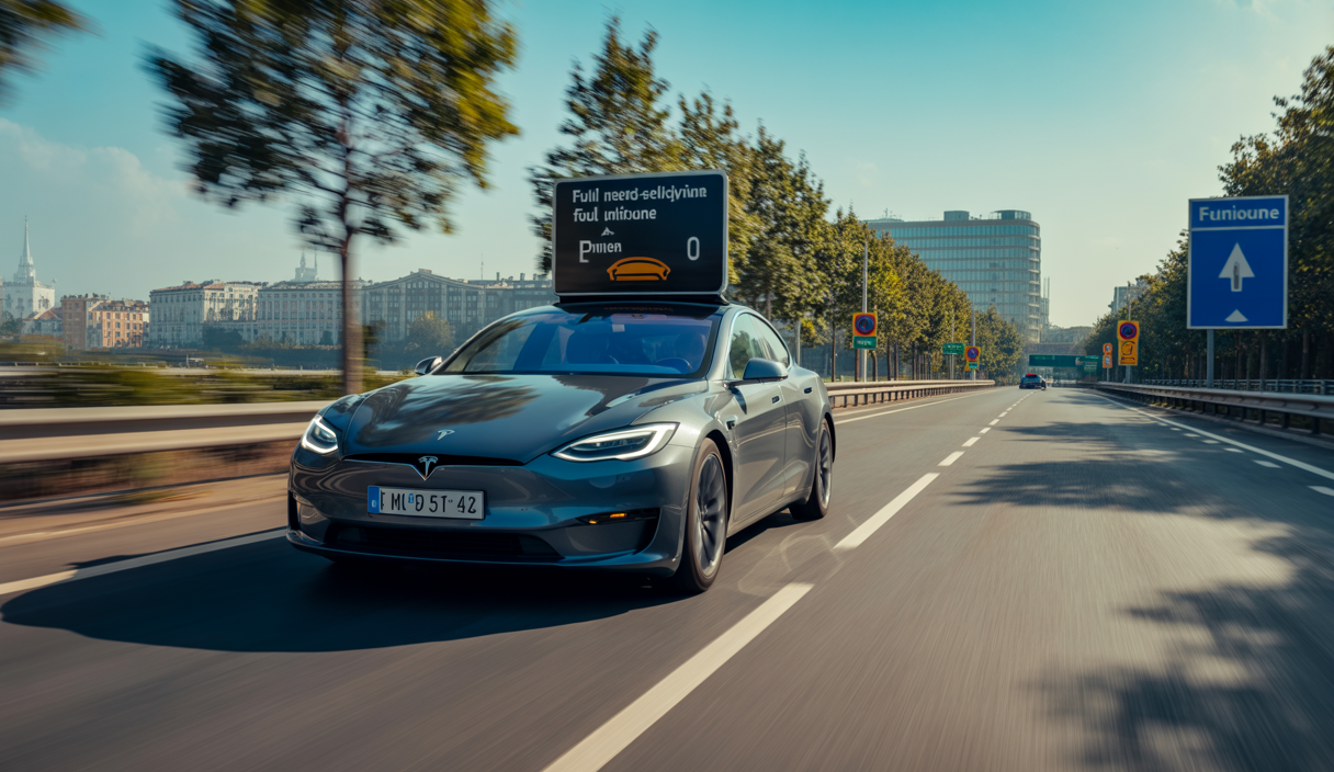 Tesla Model S électrique en conduite autonome sur une autoroute européenne avec interface Full Self-Driving affichée à l'écran, fond urbain européen avec panneaux routiers et architecture moderne