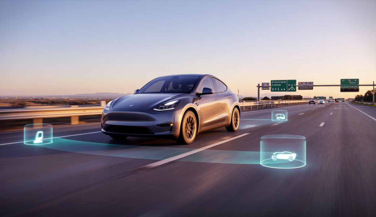 Tesla Model Y en conduite autonome complète sur autoroute avec technologie Full Self-Driving supervisée avancée