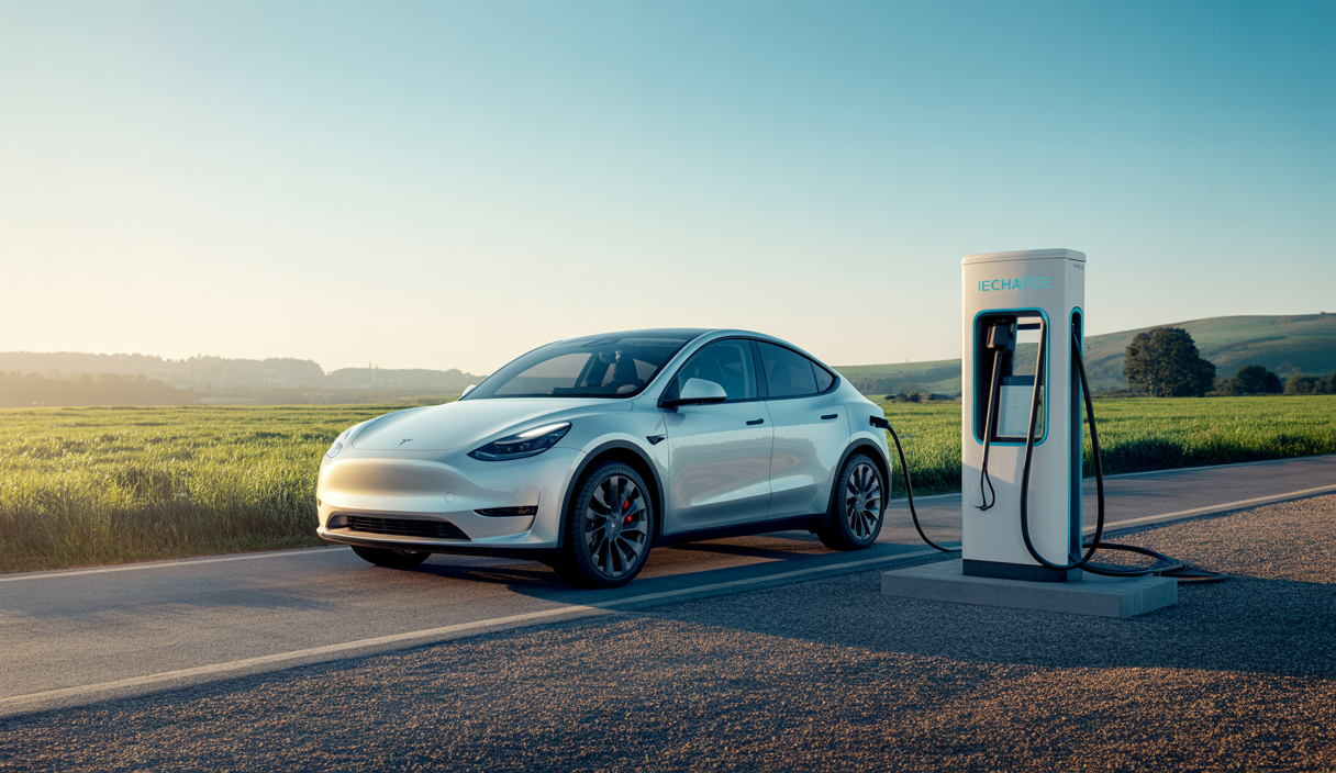 Tesla Model Y électrique branché à une borne de recharge IECharge dans un environnement rural, avec un ciel clair et un paysage verdoyant en arrière-plan