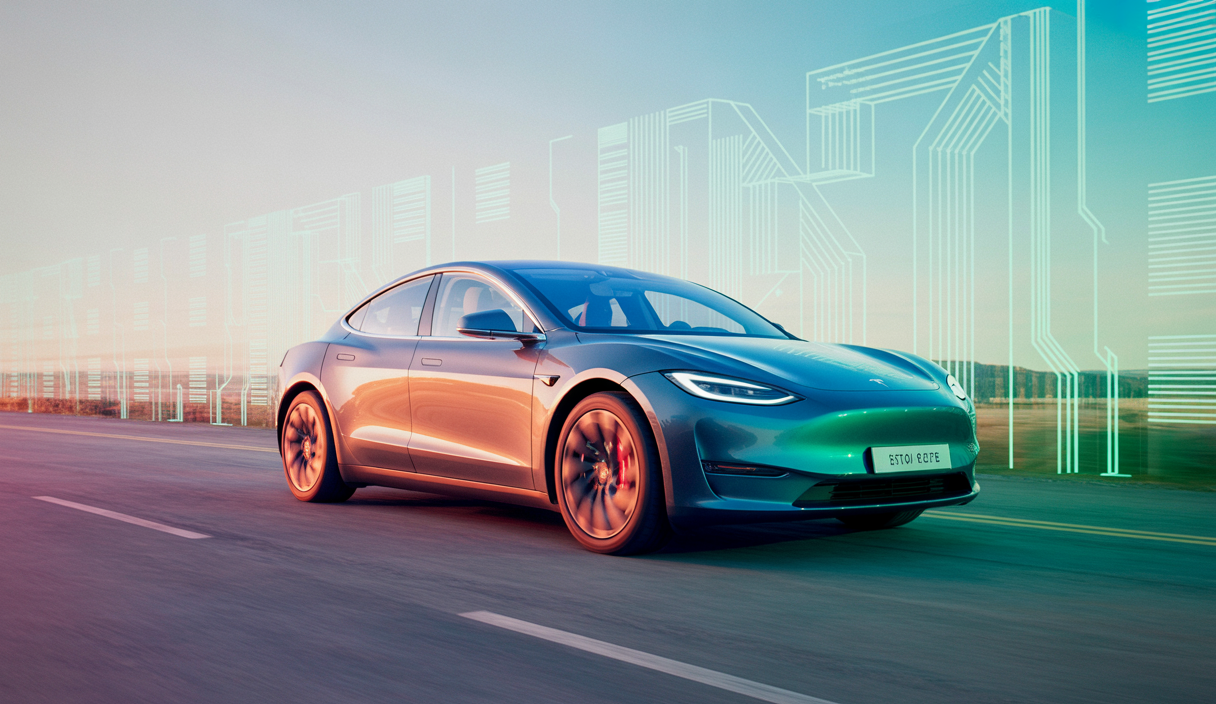Image d'une Tesla électrique modernisée avec des couleurs vives, symbolisant l'innovation technologique.