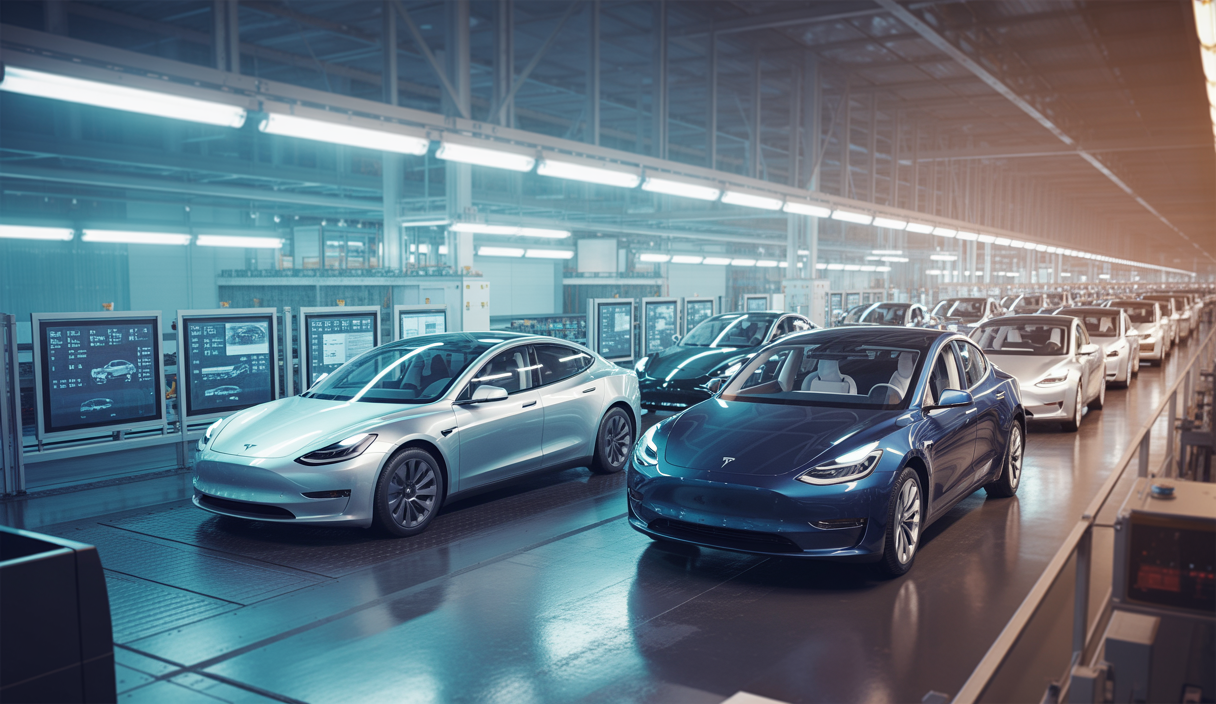 Usine Tesla ultra-moderne avec une chaîne de montage de véhicules électriques en production sous un éclairage industriel intense, symbolisant un investissement massif et une innovation technologique avancée.