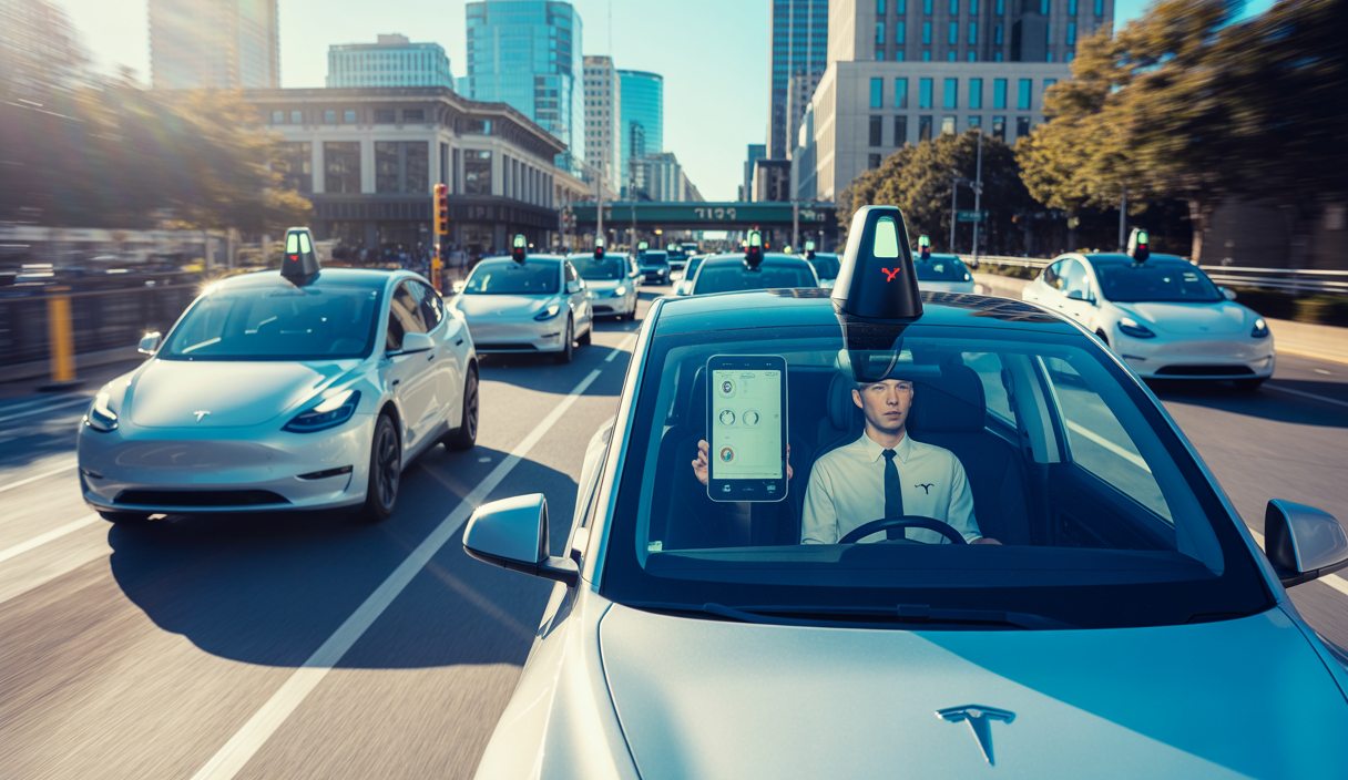 Robotaxis Tesla Model Y en service autonome à Austin avec interface utilisateur sur smartphone et présence d’un opérateur de sécurité à bord dans un cadre urbain moderne en journée ensoleillée