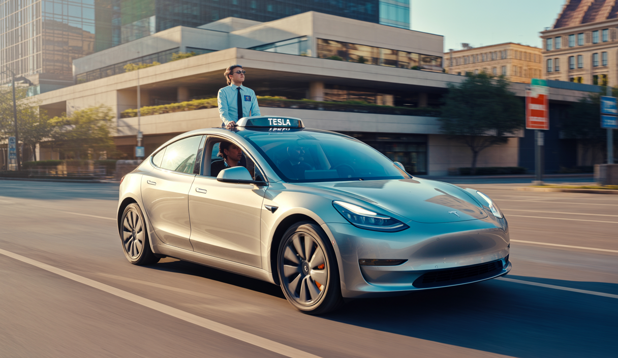 Taxi autonome Tesla en fonctionnement dans les rues d'Austin, Texas, sous un ciel clair au coucher du soleil, avec des passagers à bord et un superviseur assis à côté du siège conducteur