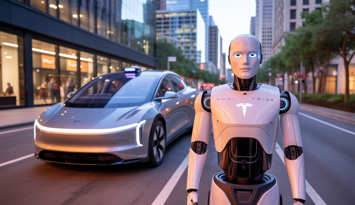 Une Tesla Cybercab autonome en service de robotaxi à Austin en 2025, avec un robot humanoïde Optimus à proximité, illustrant l'innovation en IA, robotique et véhicules autonomes