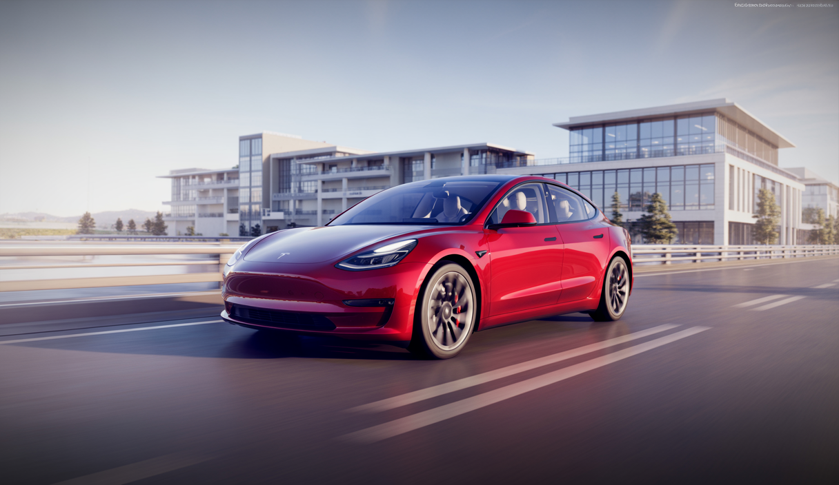 Tesla Model 3 2025 électrique rouge garée sur une route urbaine avec un arrière-plan de bâtiments modernes, illustrant son design aérodynamique et ses lignes épurées, véhiculant une atmosphère d'efficacité économique et de technologie avancée