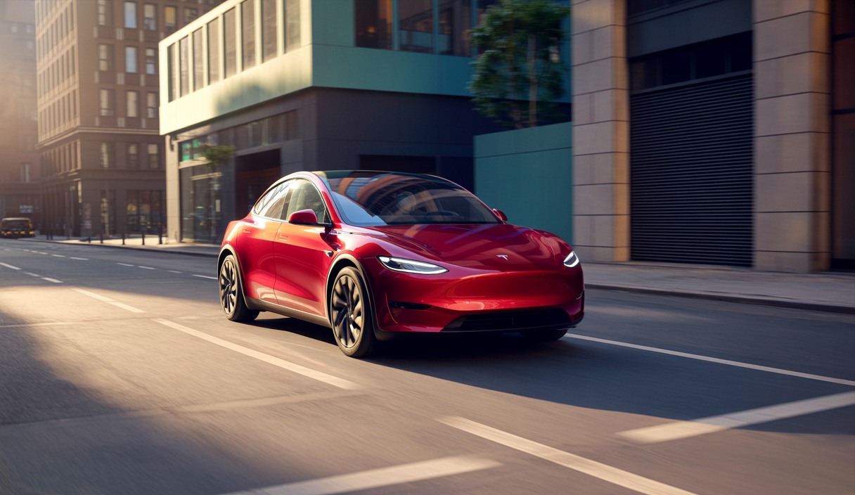 Voiture électrique compacte Tesla Model Q 2025 rouge vif vue en extérieur dans un environnement urbain moderne au crépuscule