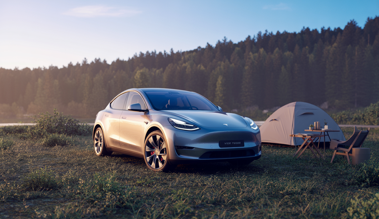Tesla Model Y 2025 électrique en plein trajet lors du Atlante Camping Challenge affichant une autonomie de 630 km, stationnée en pleine nature avec un ciel clair, entourage verdoyant et ambiance de camping moderne