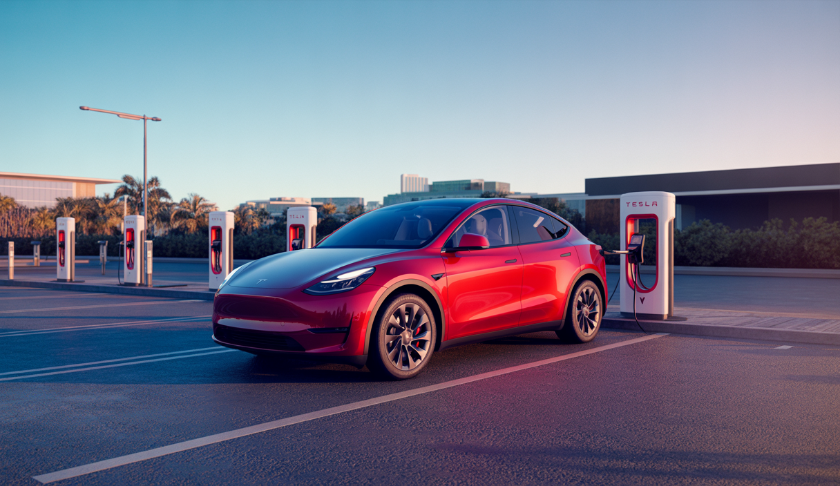 Tesla Model Y électrique rouge stationné près d'une station de recharge Tesla Supercharger moderne en Australie avec un paysage urbain en arrière-plan sous un ciel clair.
