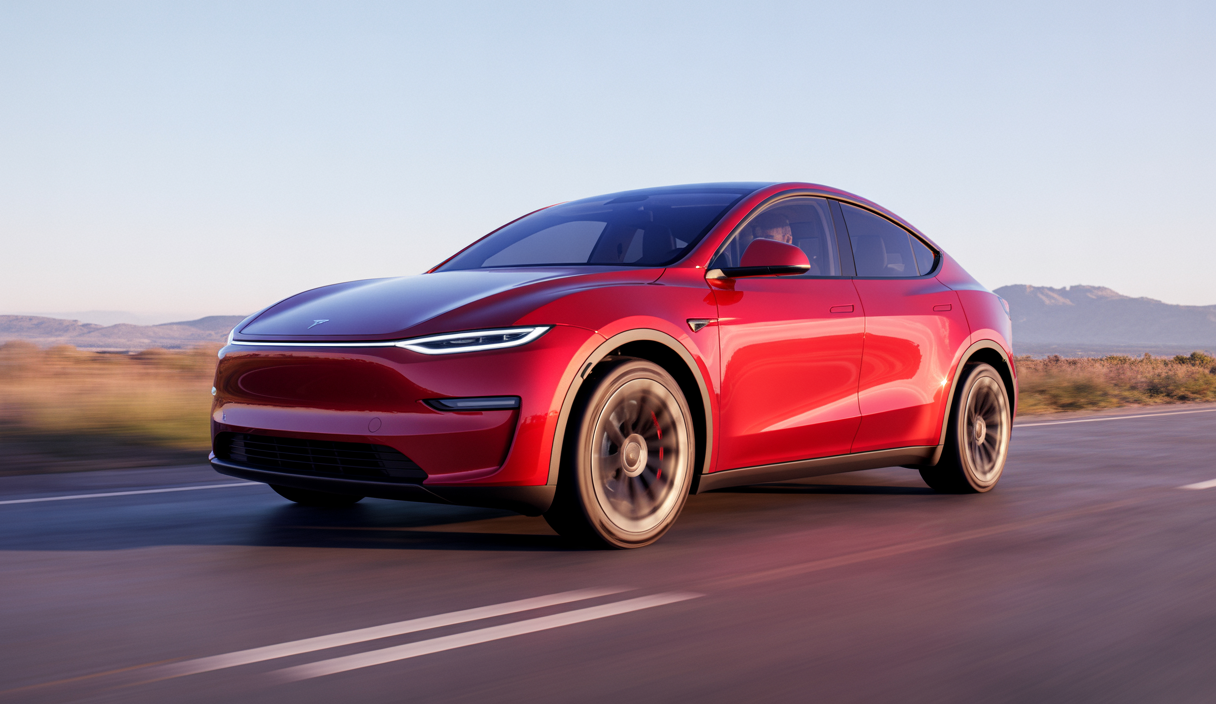 Vue de face et de côté d'une Tesla Model Y 2025 rouge avec nouvelle signature lumineuse pleine largeur et roues modernisées sur route urbaine, ambiance moderne et futuriste