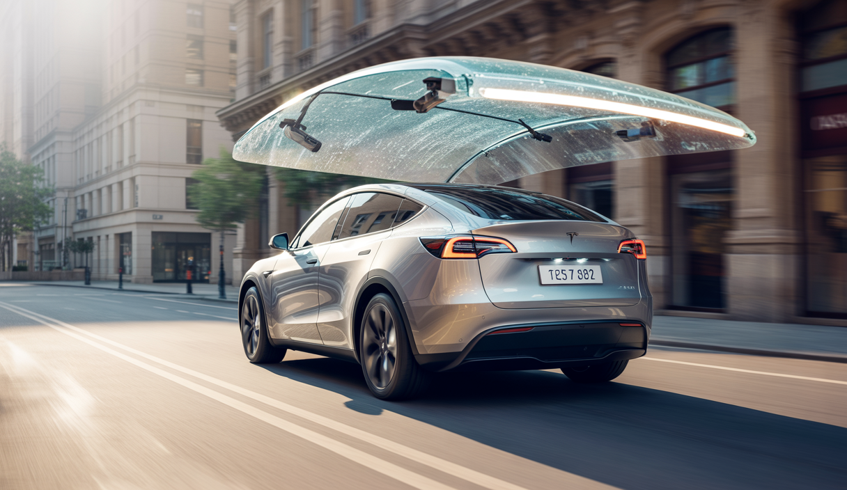 Vue réaliste d'une Tesla Model Y 2025 avec toit en verre panoramique innovant et système avancé de nettoyage des caméras intégrées