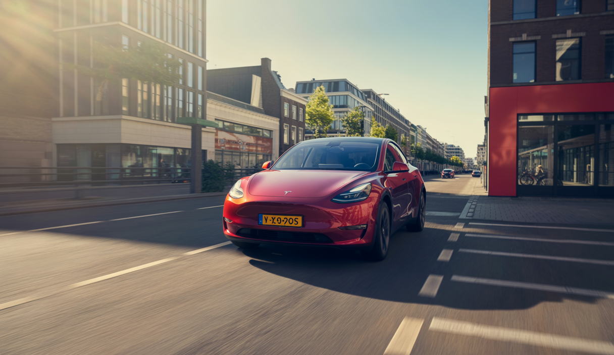Tesla Model Y électrique rouge vif garé devant un paysage urbain moderne aux Pays-Bas, illustrant la domination du marché automobile électrique en 2025
