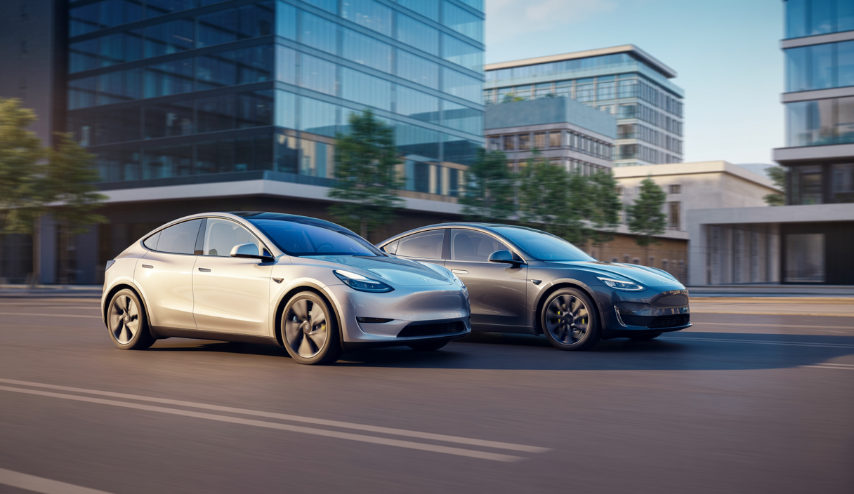 Tesla Model Y et Model 3 garés côte à côte sous un ciel bleu lumineux, illustrant leur domination du marché européen des véhicules électriques, avec un arrière-plan urbain européen moderne et une atmosphère professionnelle et dynamique.