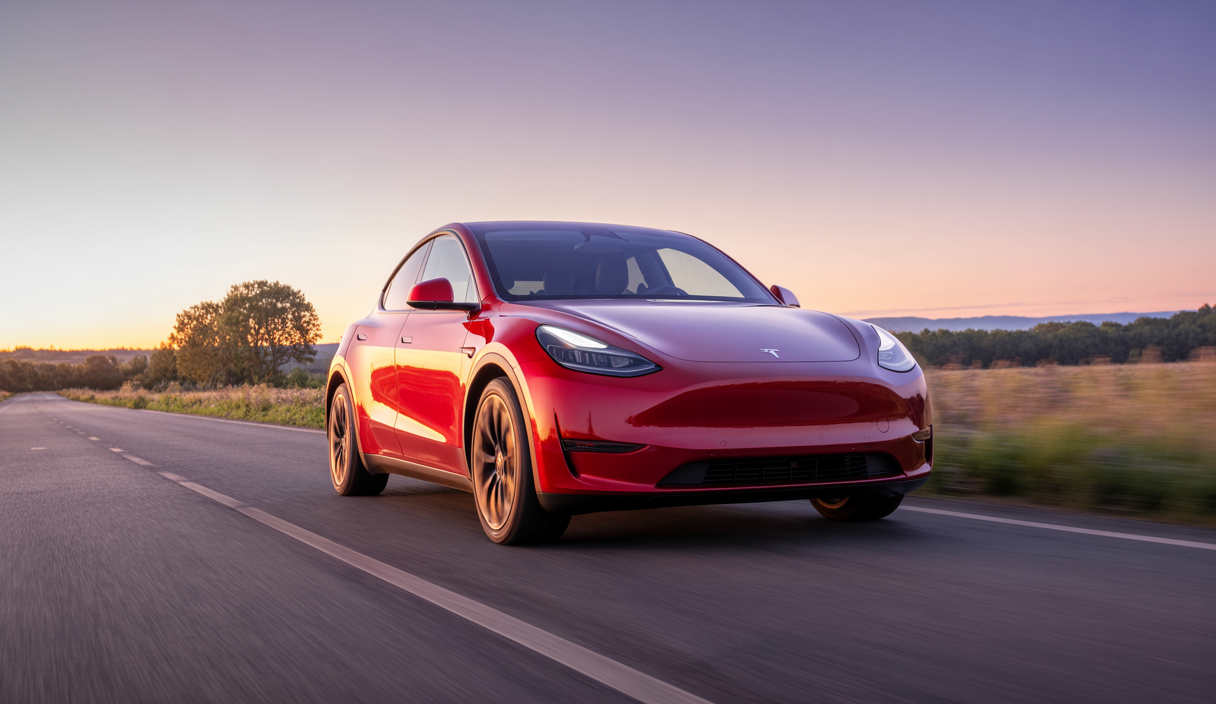Tesla Model Y Performance 2025 rouge vif sur route, silhouette sportive avec détails des roues et éclairage LED modernes