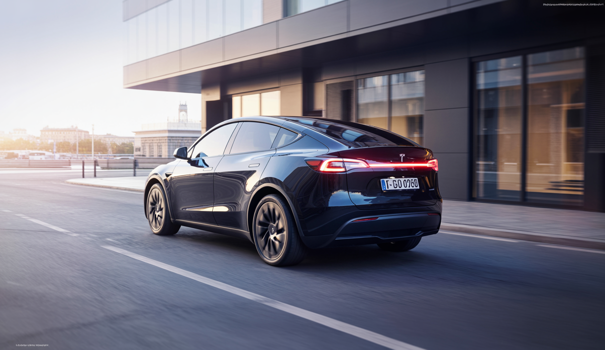 Tesla Model Y Performance 2025 en Europe, vue latérale du SUV électrique performant avec design modernisé et couleurs noir brillant, en environnement urbain européen contemporain.