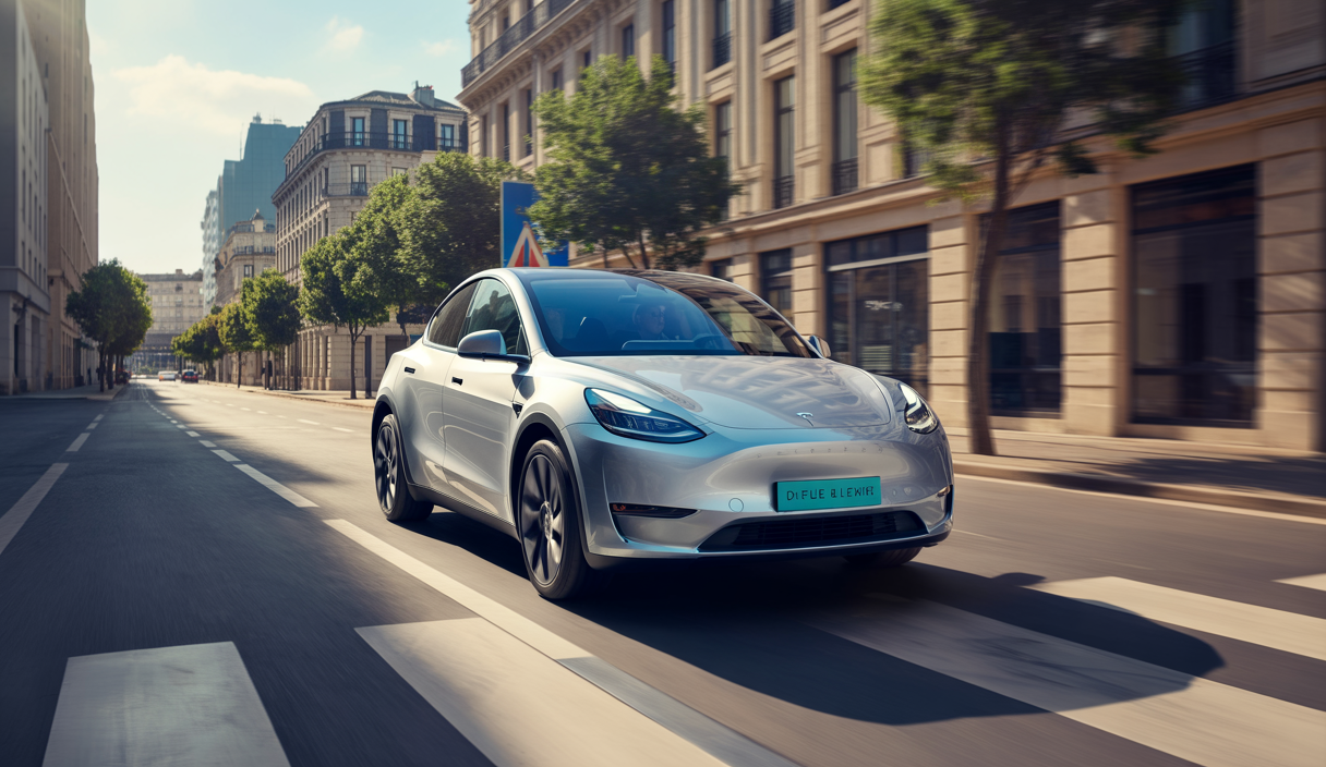 Vue latérale d’une Tesla Model Y version Propulsion de couleur blanche garée sur une route française avec un paysage urbain en arrière-plan, sous un ciel clair d’été.