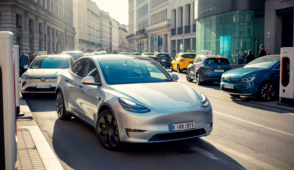 Tesla Model Y exposé sur fond de paysage urbain européen, illustrant sa domination sur le marché des véhicules électriques malgré la baisse des ventes et la concurrence intense.