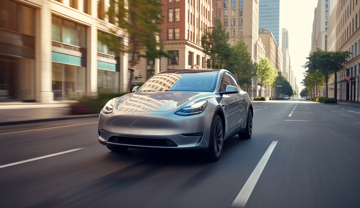 Véhicule Tesla Model Y autonome de niveau 4 circulant en milieu urbain, avec un design moderne et technologie avancée visible, sous un éclairage naturel doux en fin de journée