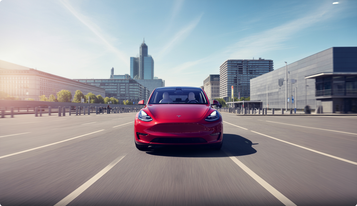 Tesla Model Y électrique rouge garé dans un paysage urbain européen moderne avec un ciel bleu vif