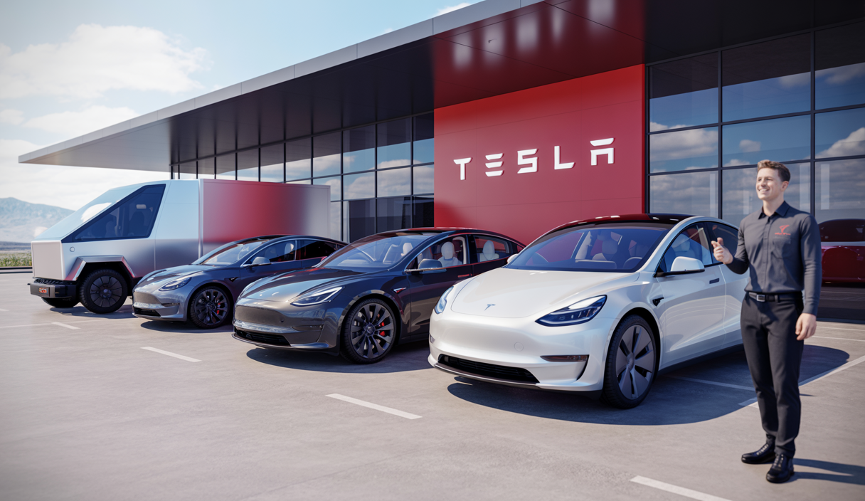 Tesla Model 3 et Model Y en démonstration, accompagnés du Cybertruck dans un centre de service moderne et lumineux