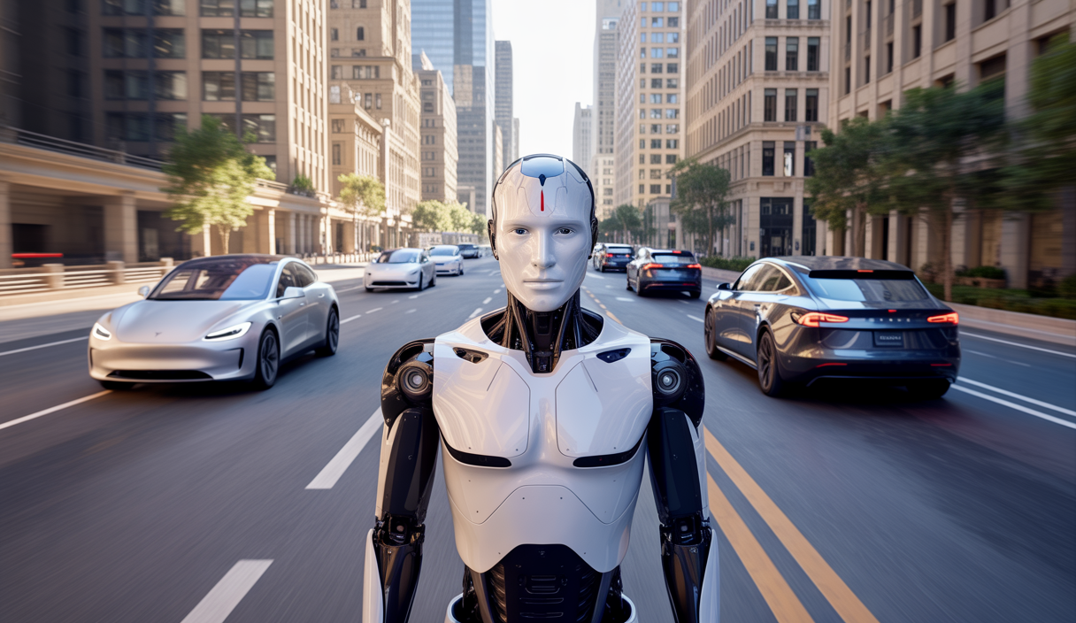 Visualisation futuriste illustrant la fusion de Tesla et Neuralink en 2025, avec un robot humanoïde Tesla Optimus contrôlé par une interface cerveau-machine Neuralink, des véhicules autonomes de Tesla en arrière-plan, et des éléments symbolisant la santé et la mobilité innovantes.