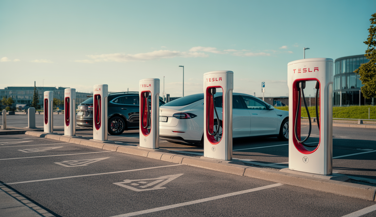 Nouvelle station Tesla Supercharger préassemblée avec plusieurs bornes de recharge rapides installée en Estonie dans un environnement urbain moderne.