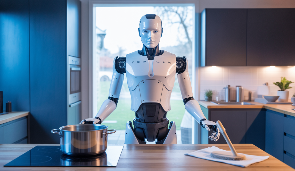 Robot humanoïde Tesla Optimus en action, démontrant des tâches domestiques dans un environnement moderne et lumineux
