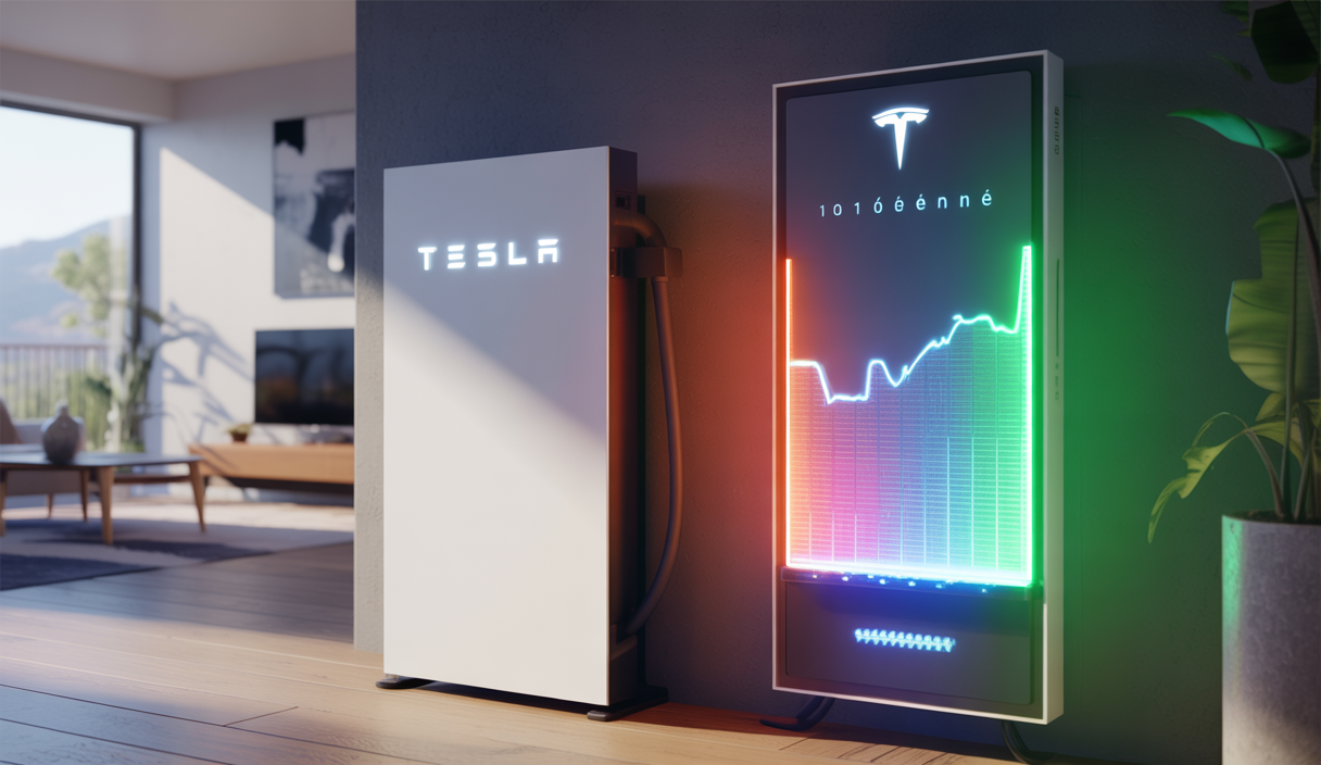 Powerwall de Tesla installé sur un mur intérieur moderne avec un affichage numérique indiquant le niveau de charge et un environnement domestique élégant