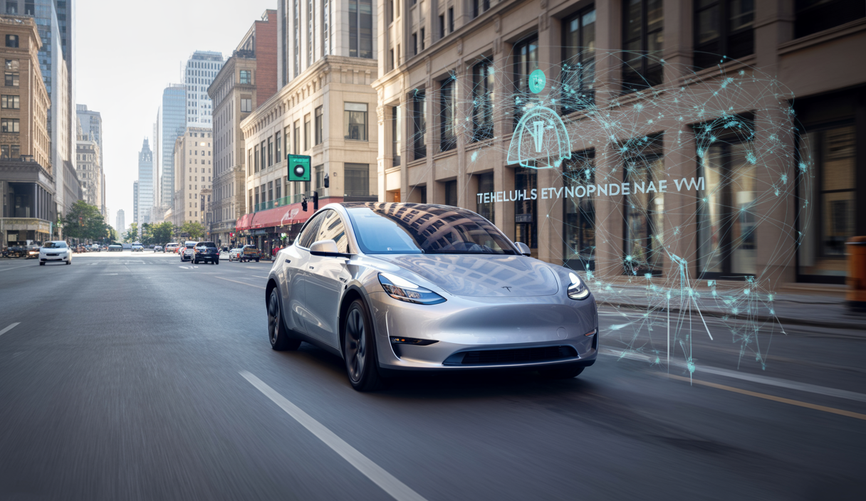 Voiture Tesla Model Y autonome en circulation urbaine avec affichage du réseau neuronal de conduite autonome en arrière-plan numérique