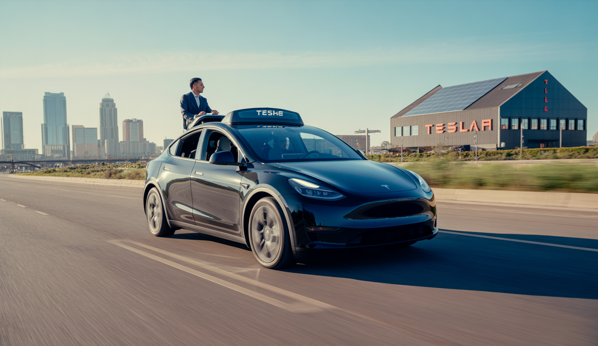 Un robotaxi Tesla Model Y noir autonome circulant dans les rues géo-clôturées d’Austin avec un employé Tesla en siège passager surveillant le système, devant l’usine Tesla Giga Berlin en expansion avec panneaux solaires sur le toit, sous un ciel clair et lumineux