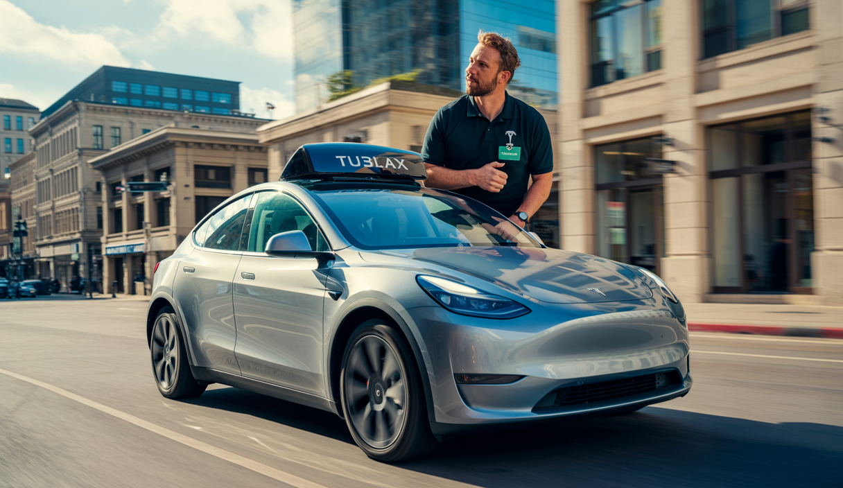 Un Tesla Model Y équipé du service Robotaxi autonome de Tesla circulant dans les rues d'Austin, Texas, avec un employé de sécurité assis à l'avant, sous un ciel clair.