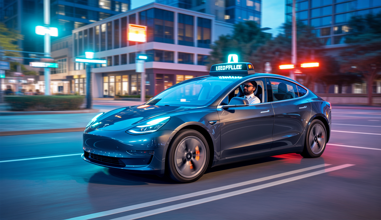 Vue futuriste d'une Tesla Model 3 autonome circulant dans les rues d'Austin, Texas, au crépuscule, avec un siège passager avant occupé par un superviseur de sécurité, entourée d'un environnement urbain moderne et luminescent.