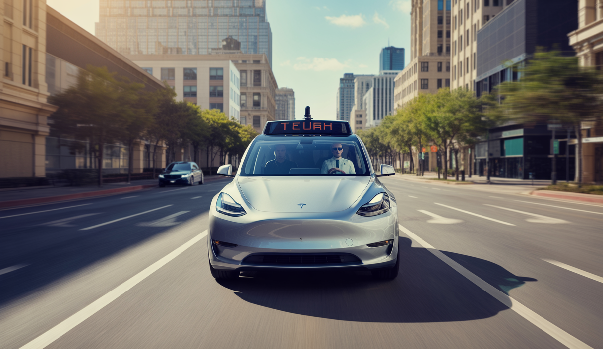 Un véhicule Tesla Model Y autonome sans volant ni pédales circulant dans les rues d'Austin, Texas, dans le cadre du service Robotaxi lancé en juin 2025
