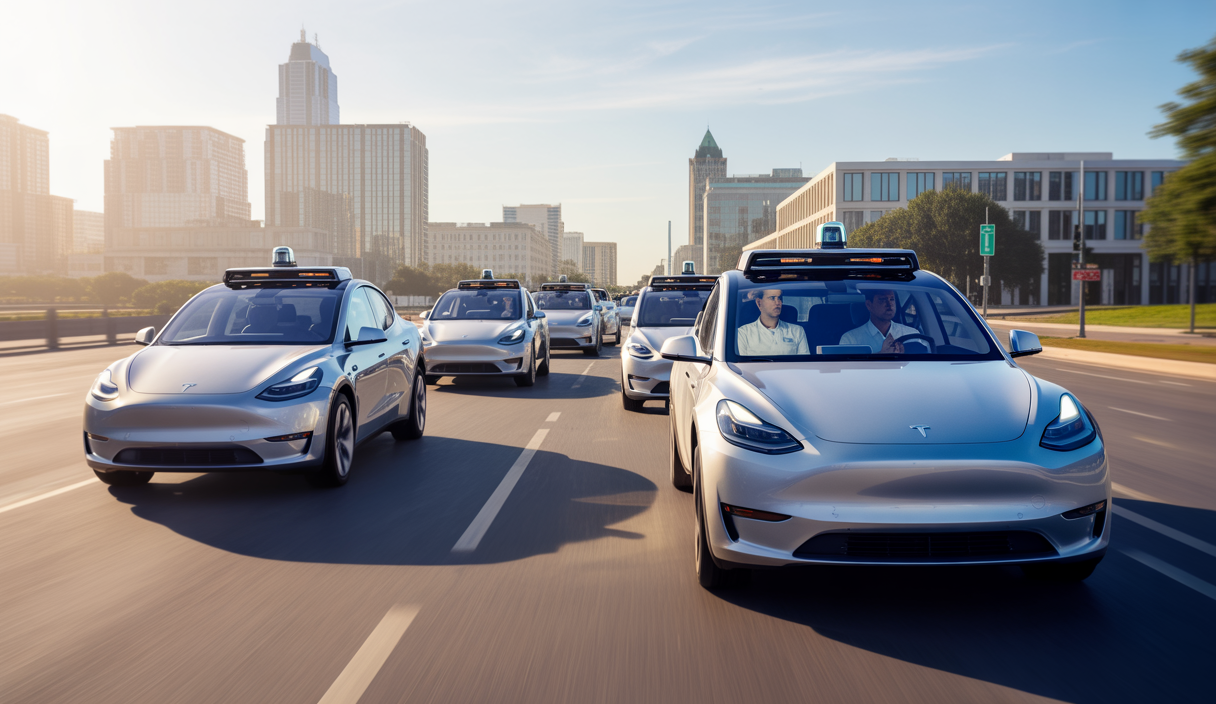 Tesla Model Y autonomes sans conducteur circulant dans le sud d'Austin, avec un passager superviseur de sécurité à l'avant, en milieu urbain moderne sous un ciel clair