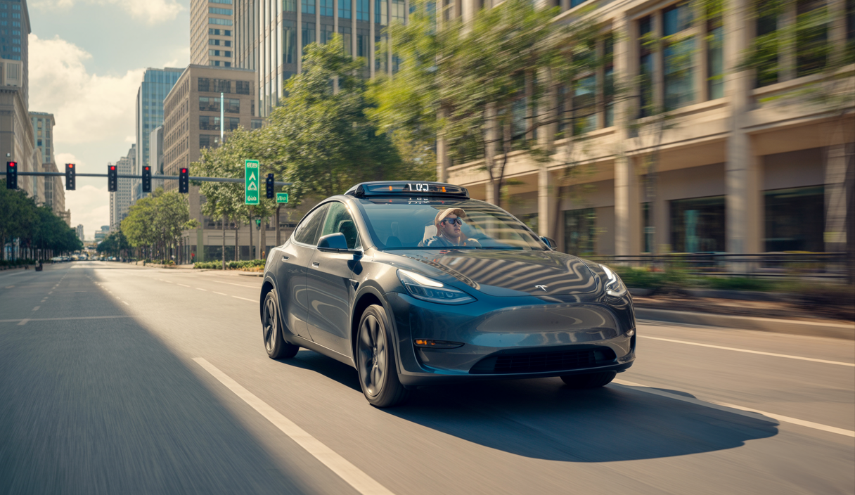 Tesla robotaxi Model Y autonome circulant dans les rues urbaines d'Austin sans conducteur, avec un passager à bord et un moniteur de sécurité à l'avant, sous un ciel clair en fin d'après-midi