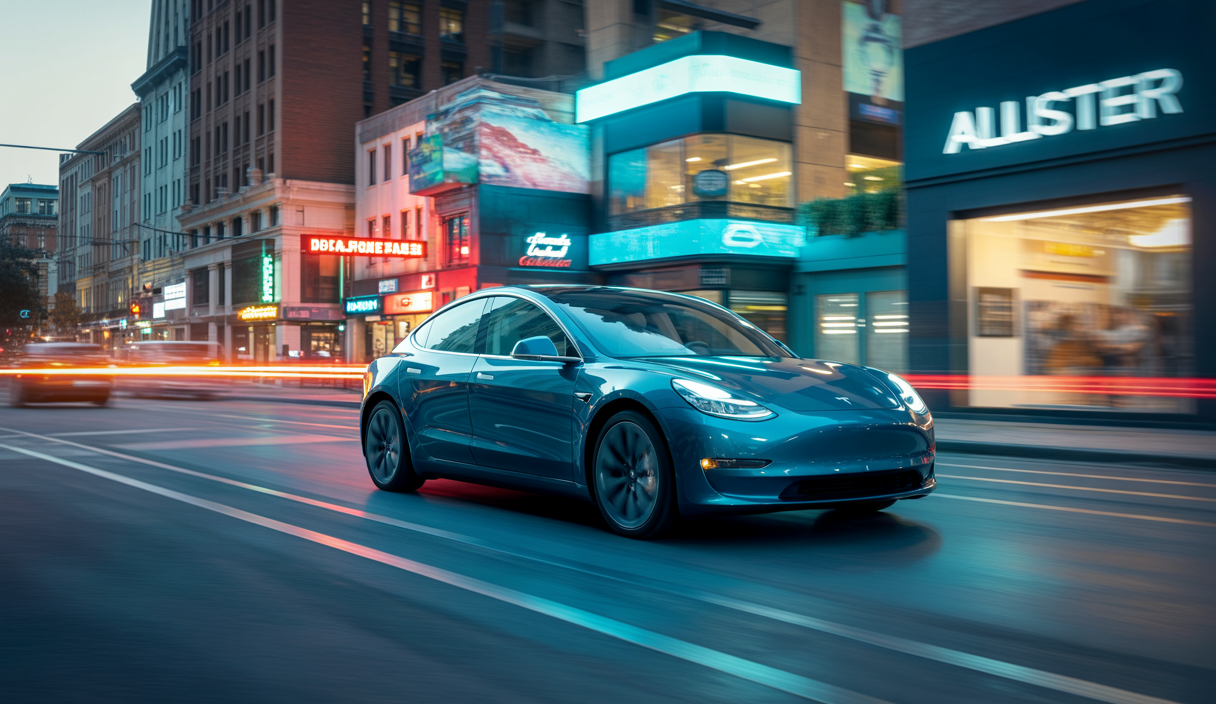 Une voiture Tesla sans conducteur dans une ville moderne illustrant l'innovation en conduite autonome