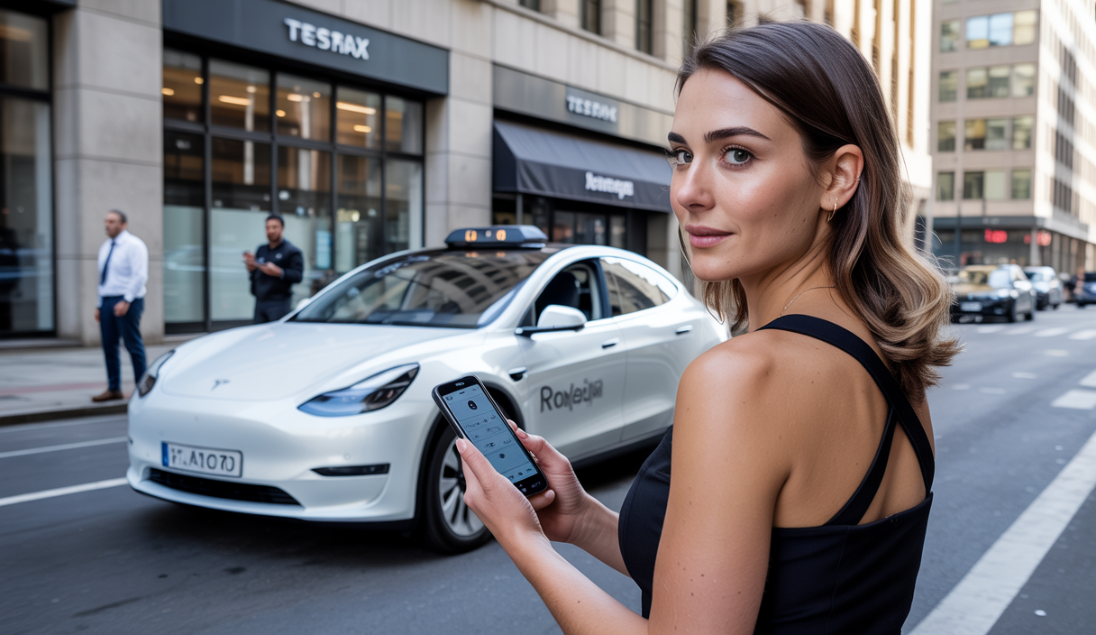 Une femme utilisatrice, souriante, à la peau claire et aux cheveux bruns, utilise l'application Tesla Robotaxi sur son téléphone à bord d'une Model Y moderne, dans un environnement urbain animé.