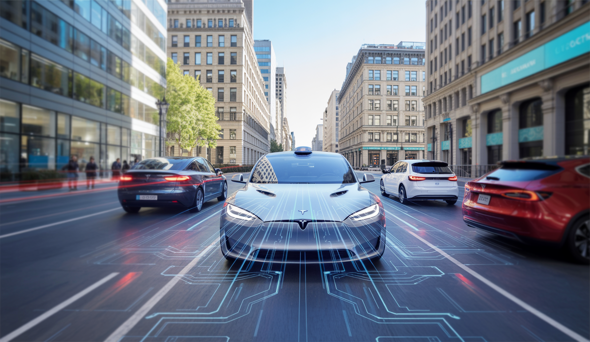 Illustration d'un robotaxi Tesla sur fond urbain futuriste