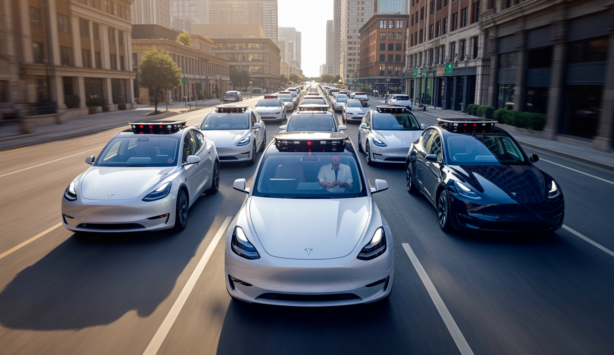 Flotte de Tesla Model Y en service de robotaxis autonomes dans les rues d'Austin, Texas, avec un employé Tesla en siège passager avant pour supervision
