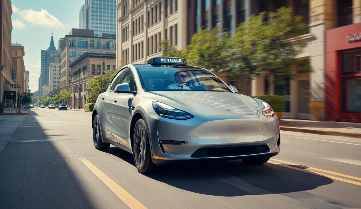 Vue réaliste d'un robotaxi Tesla Model Y autonome circulant dans une rue d'Austin, Texas, avec un passager et un employé Tesla en tant que superviseur, sous un ciel éclairé de lumière naturelle du jour.