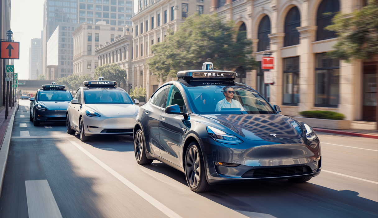 Voitures Tesla Model Y robotaxis autonomes circulant dans les rues d’Austin, Texas, avec passagers superviseurs à bord, démontrant une technologie avancée d’IA pour la navigation et la sécurité
