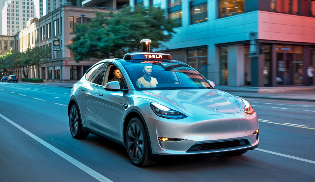 Un robotaxi Tesla Model Y autonome en test dans une zone limitée à Austin, Texas, avec un conducteur de sécurité à bord et une interface de conduite autonome visible.