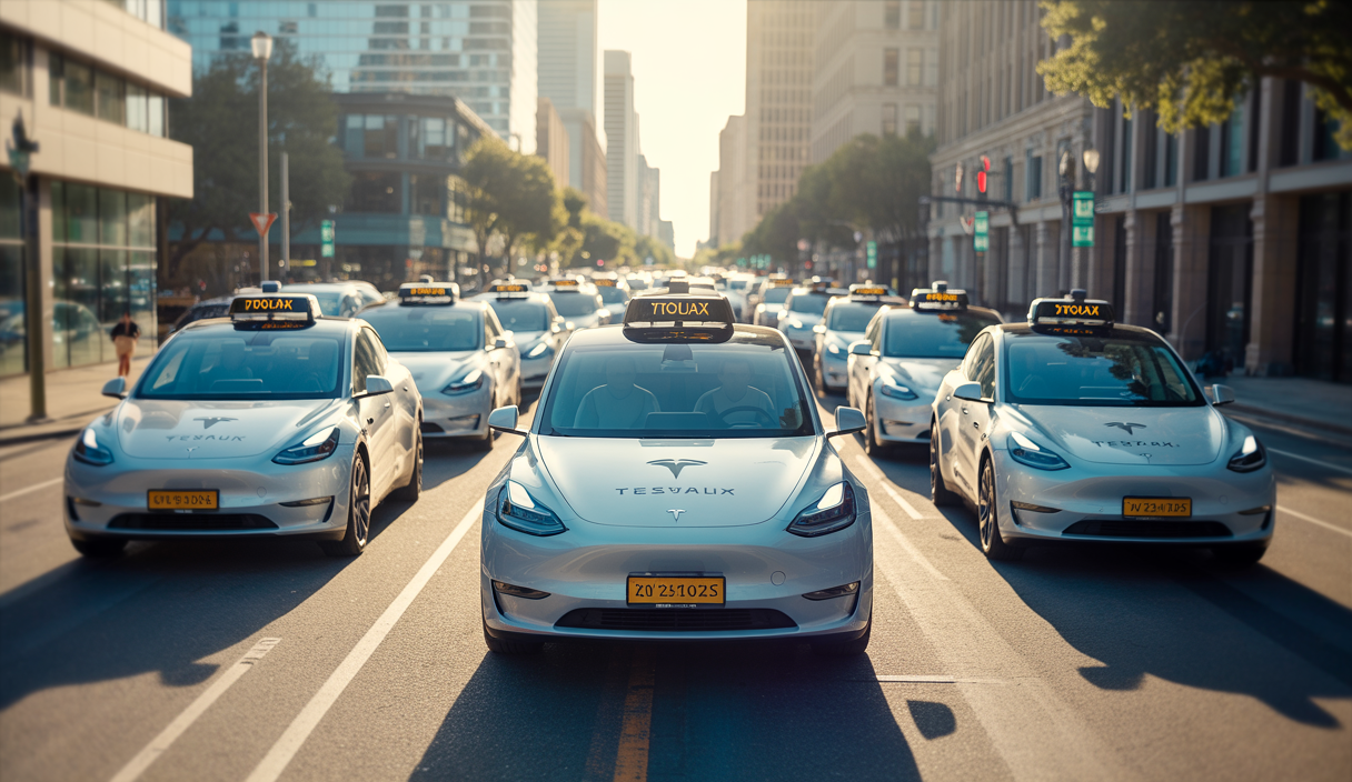Flotte de Tesla Model Y robotaxis autonomes en service dans les rues d'Austin, Texas, en 2025, illustrant la mobilité urbaine autonome innovante.