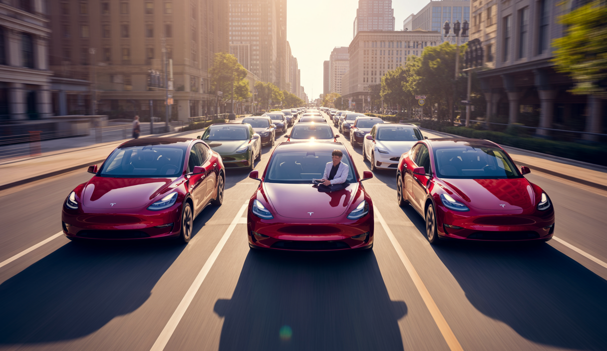 Tesla Model Y robotaxis rouges sans conducteur circulant dans les rues géo-délimitées d'Austin, Texas, avec un passager à bord dans un environnement urbain moderne