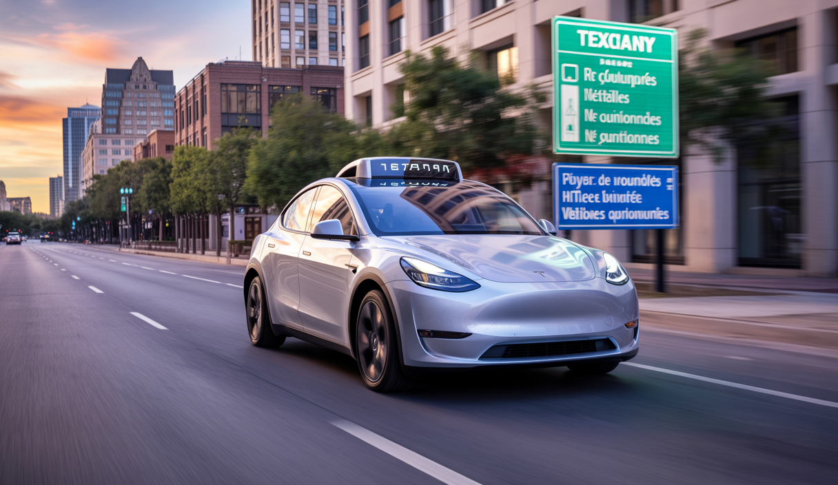 Un robotaxi Tesla Model Y autonome circulant dans une zone urbaine d'Austin au Texas, entouré de panneaux indiquant la réglementation stricte sur les véhicules autonomes récemment adoptée.