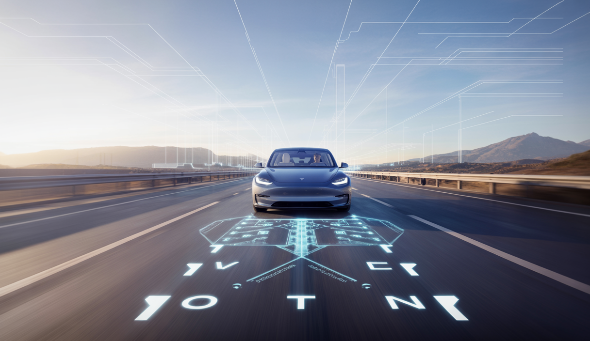 Une scène immersive illustrant les technologies avancées de sécurité de Tesla sur la route