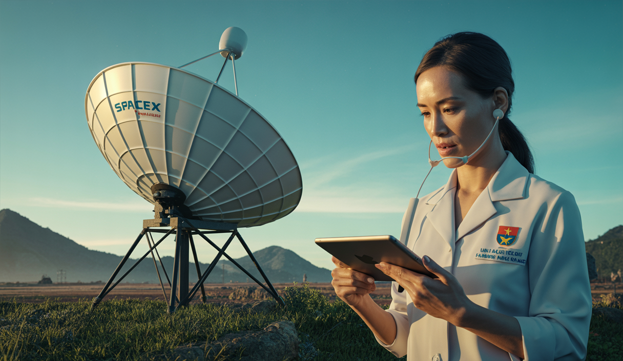 Installation d’une antenne parabolique Starlink en zone rurale vietnamienne avec un ciel clair et des montagnes en arrière-plan, symbolisant la connectivité satellitaire pour la télémédecine locale.