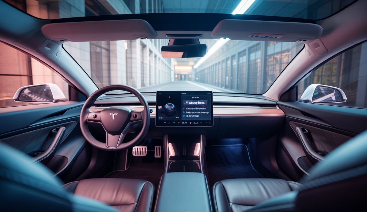 Intérieur d'une Tesla avec système audio haut de gamme et interface Caraoke affichant des paroles de chanson sur l'écran tactile