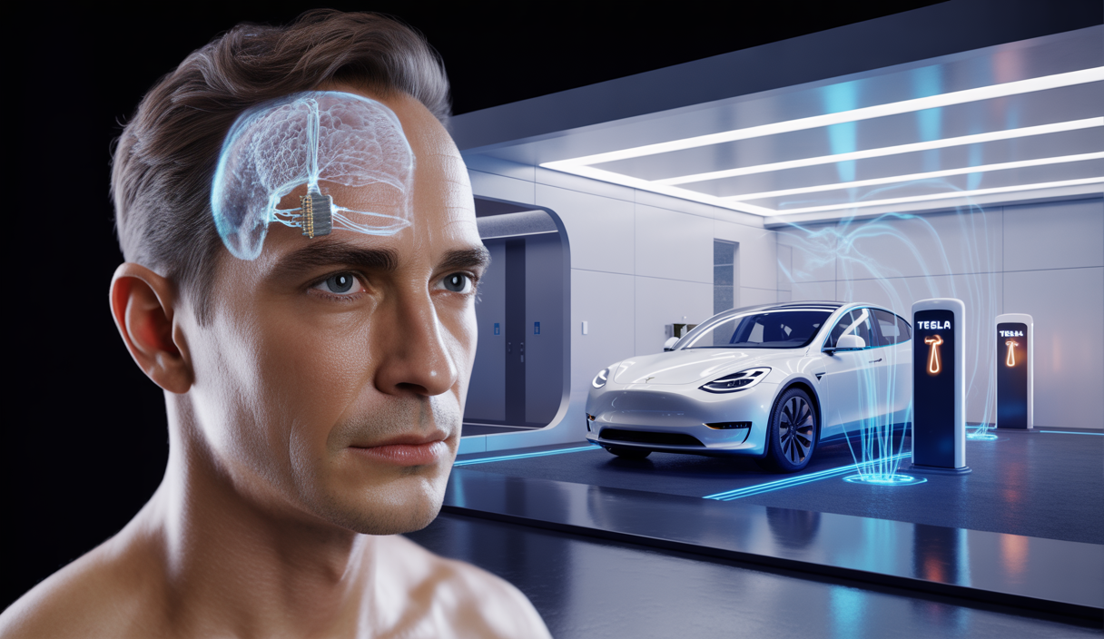 Vue détaillée d'un implant visuel neuronal Blindsight développé par Neuralink, combinée à une voiture Tesla électrique en chargement sans fil dans un garage moderne, illustrant les technologies révolutionnaires de Tesla pour la mobilité et l'amélioration humaine.