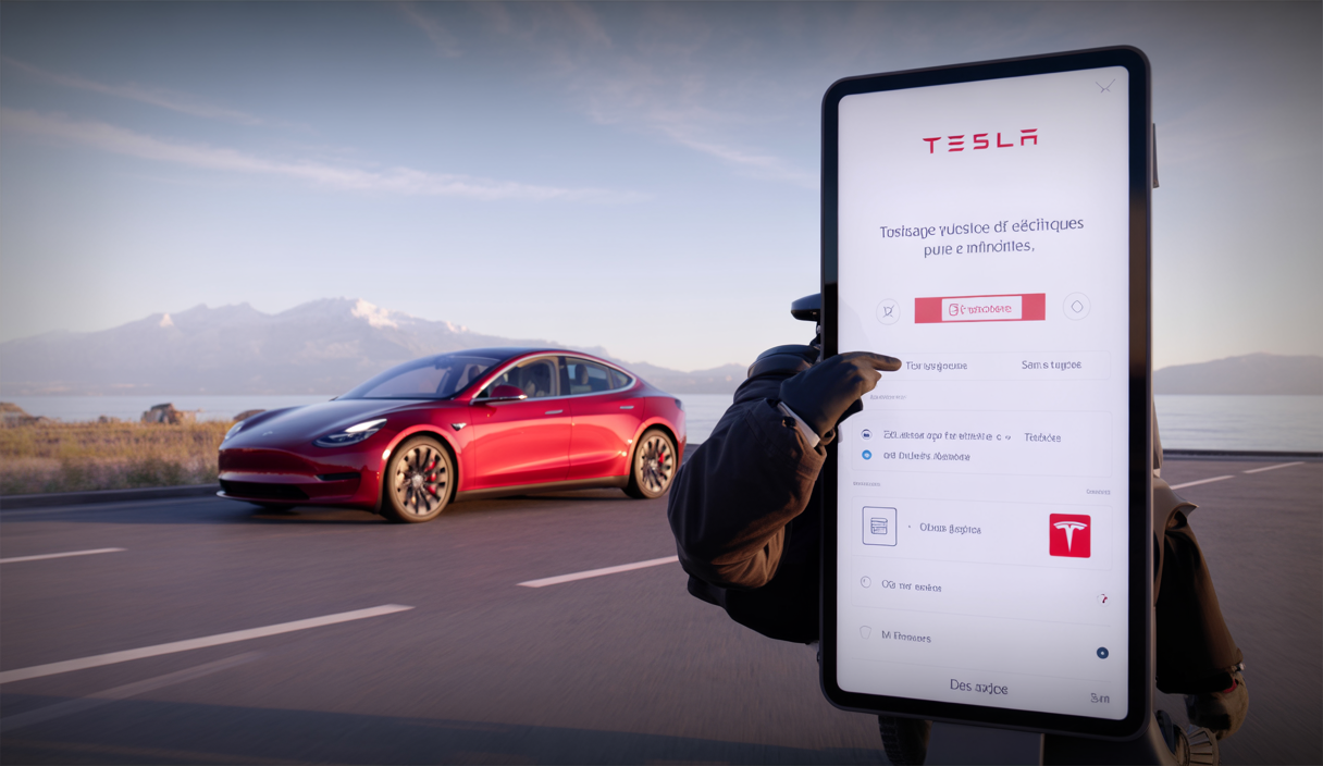 Interface de transaction 100 % numérique Tesla pour achat rapide de véhicule électrique, design épuré et moderne avec voiture Tesla rouge élégante en arrière-plan