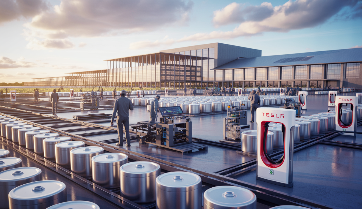 Vue hyper réaliste d'une usine moderne Tesla de fabrication de batteries LFP 4680 en Amérique du Nord avec installations industrielles et activités de production avancée